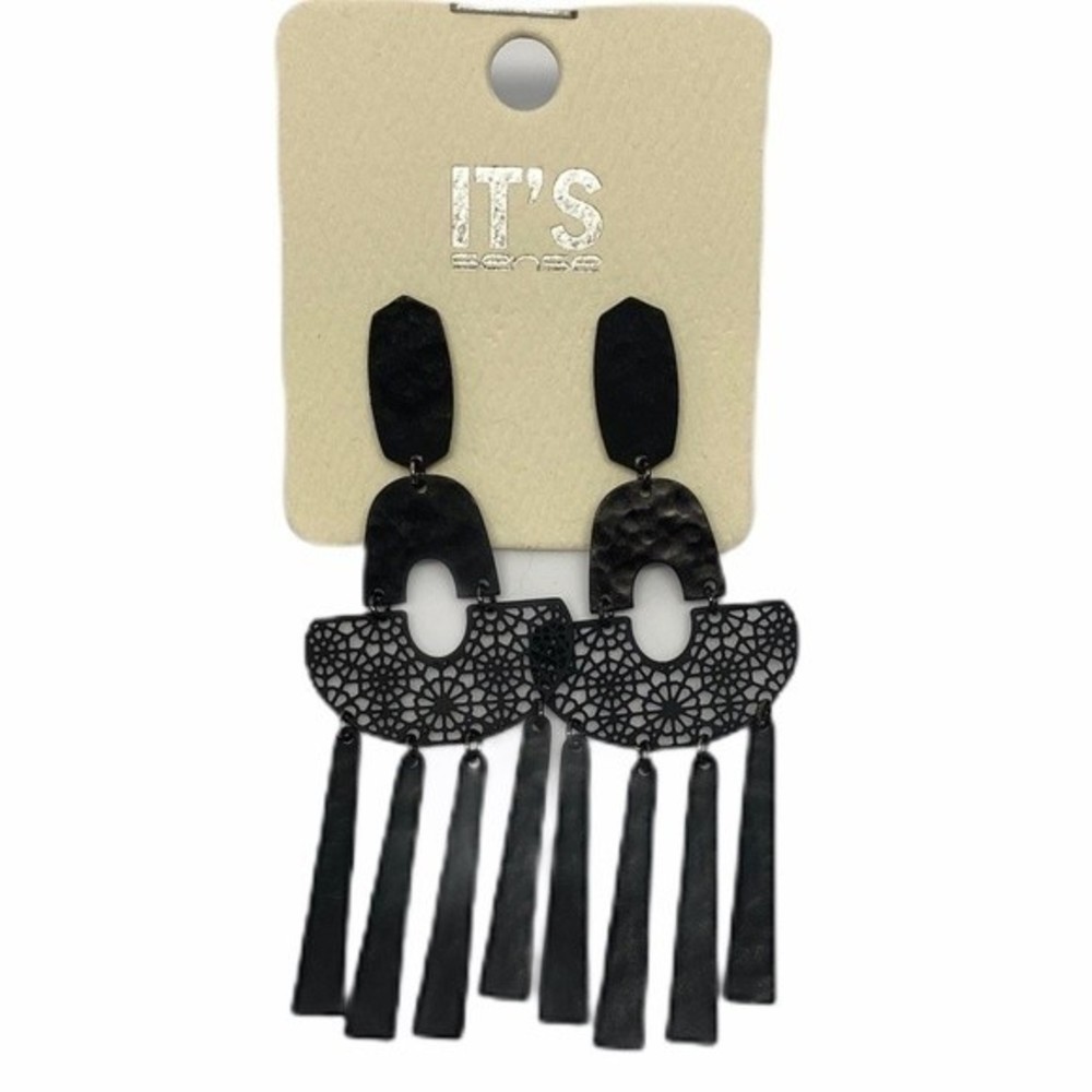 IT'S Sense Women's Black Dangle, 3" Drop Filigree Metal Cut Out Earrings